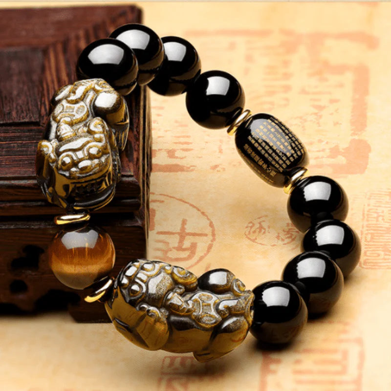 Double Pixiu Gold Obsidian Bracelet - Natural Luster for Wealth and Protection