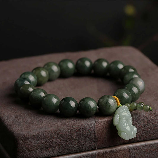 Pixiu-Empowered Green Jade Bracelet - Attract Wealth and Serenity