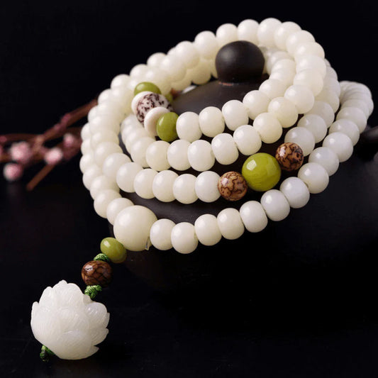 White Jade and Bodhi Seed Mala - 108 Beads for Meditation