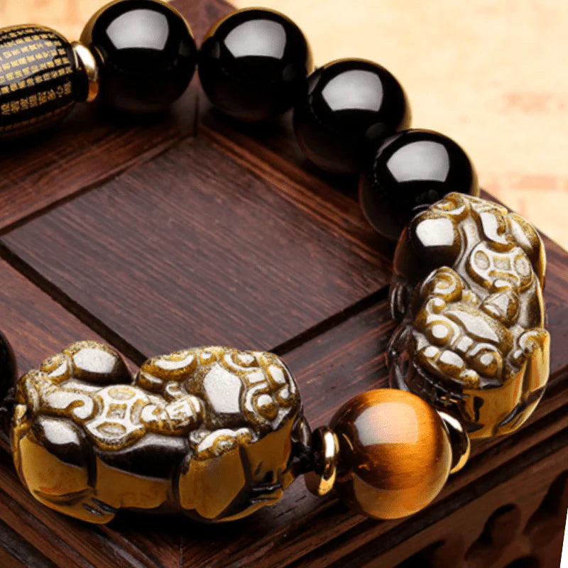 Double Pixiu Gold Obsidian Bracelet - Natural Luster for Wealth and Protection