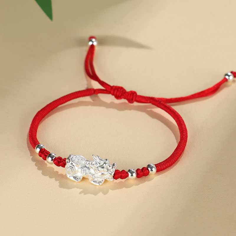 Silver Pixiu & Red String Bracelet - A Fortune's Windfall Charm