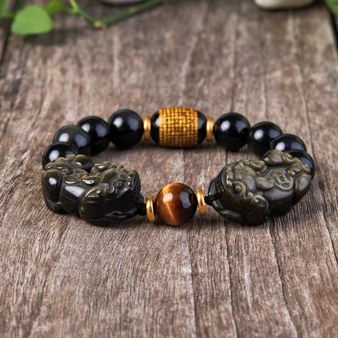 Double Pixiu Gold Obsidian Bracelet - Natural Luster for Wealth and Protection