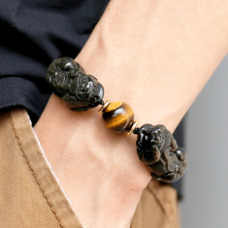 Double Pixiu Gold Obsidian Bracelet - Natural Luster for Wealth and Protection