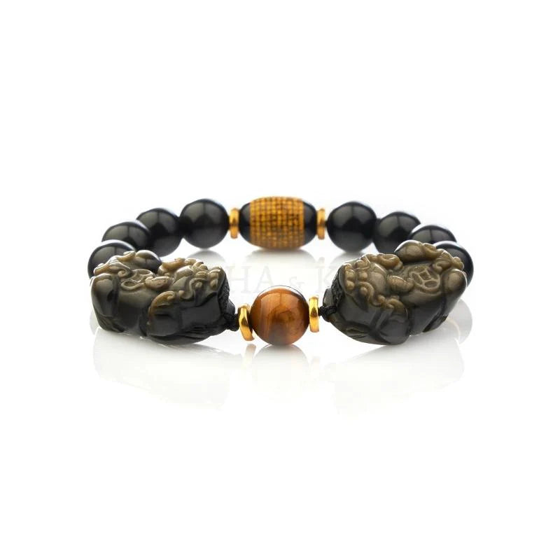 Double Pixiu Gold Obsidian Bracelet - Natural Luster for Wealth and Protection