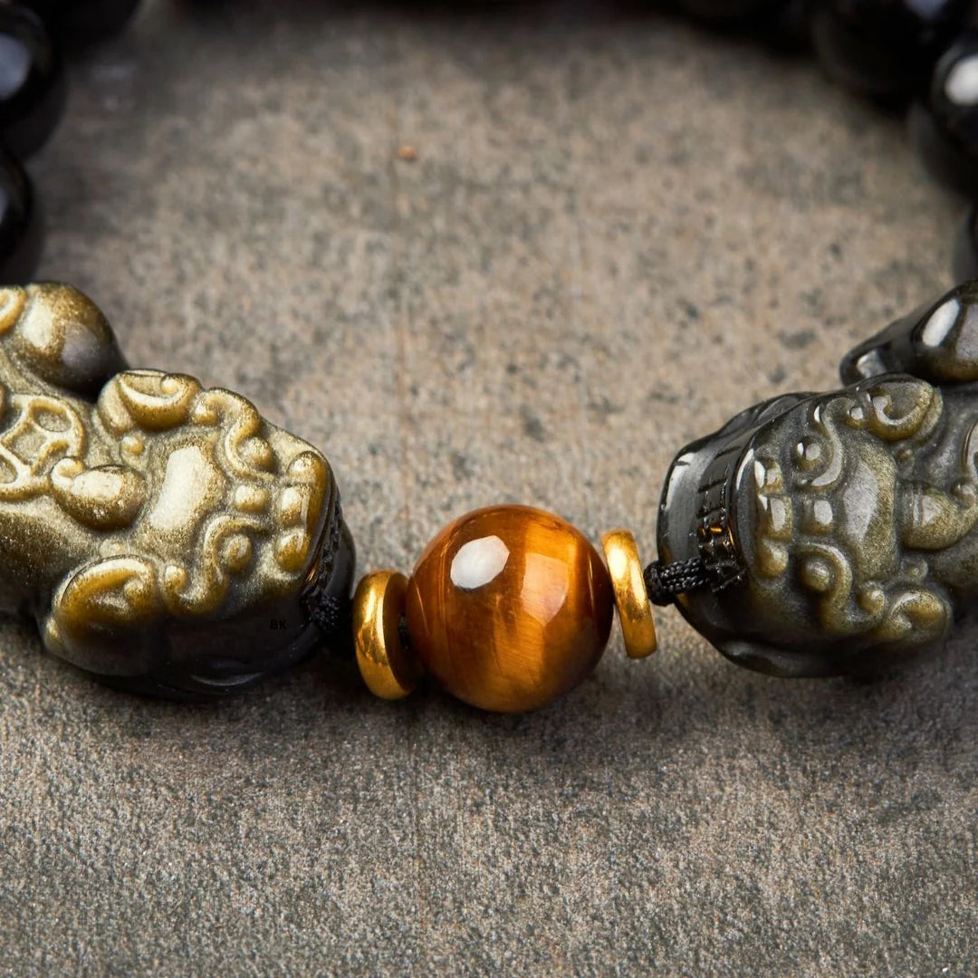 Double Pixiu Gold Obsidian Bracelet - Natural Luster for Wealth and Protection