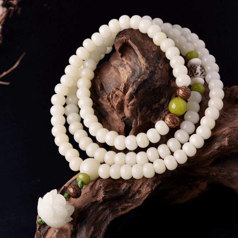 White Jade and Bodhi Seed Mala - 108 Beads for Meditation