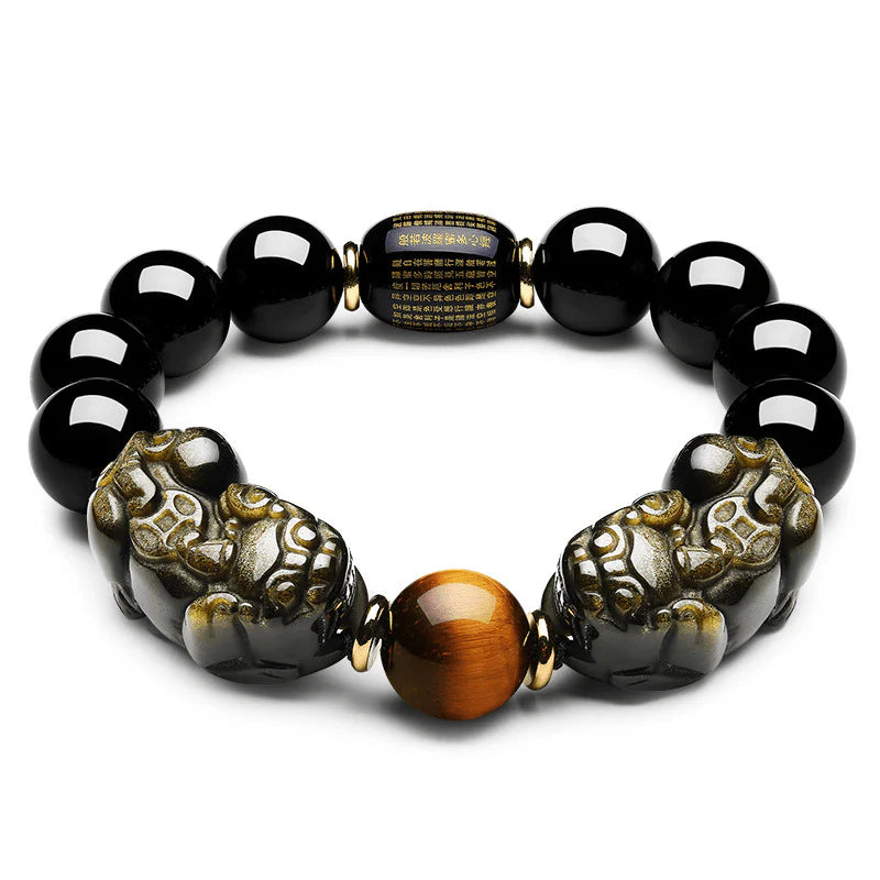 Double Pixiu Gold Obsidian Bracelet - Natural Luster for Wealth and Protection