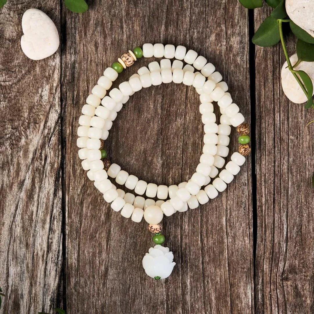 White Jade and Bodhi Seed Mala - 108 Beads for Meditation