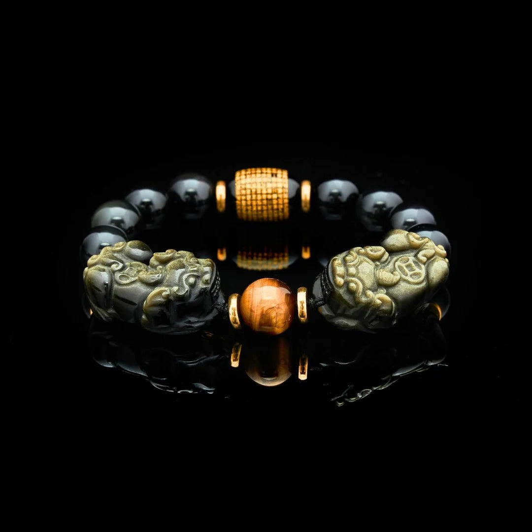 Double Pixiu Gold Obsidian Bracelet - Natural Luster for Wealth and Protection