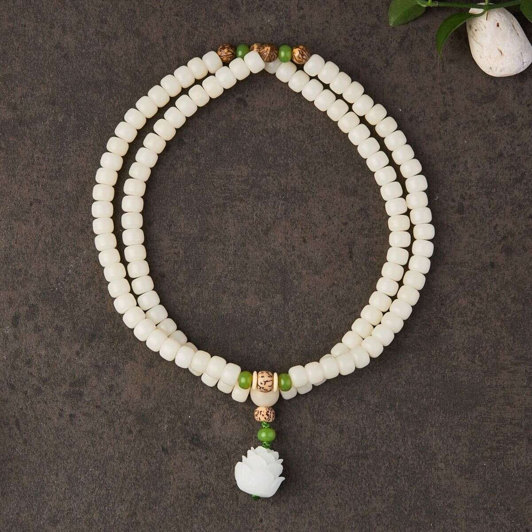 White Jade and Bodhi Seed Mala - 108 Beads for Meditation