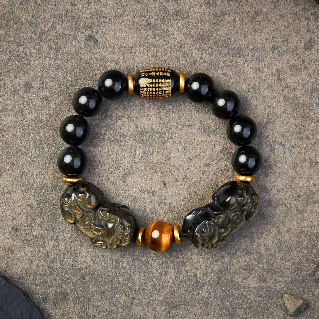 Double Pixiu Gold Obsidian Bracelet - Natural Luster for Wealth and Protection